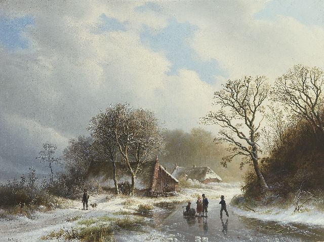 Bodeman W.  | Winters landschap met boerenhuizen, wandelaar en schaatsers, olieverf op doek 48,1 x 63,9 cm, gesigneerd l.o. en gedateerd 1839