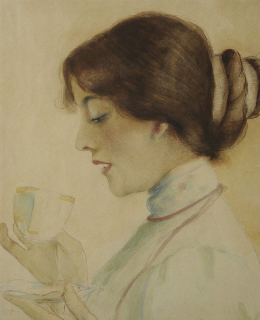 Meegeren H.A. van | Theedrinkende vrouw, pastel en aquarel op papier 35,2 x 29,9 cm