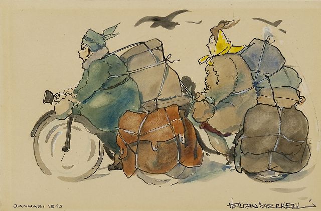 Moerkerk H.A.J.M.  | Bepakt en bezakt in de hongerwinter, aquarel op papier 13,8 x 20,9 cm, gesigneerd r.o. en gedateerd januari 1945