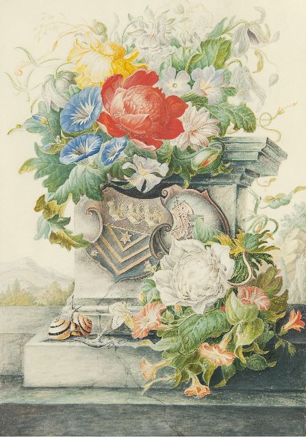 Henstenburgh H.  | Bloemstilleven met stenen zuil en wapenschilden, aquarel op perkament op papier 36,6 x 25,3 cm
