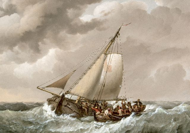 Johannes Hermanus Koekkoek | Redding van schipbreukelingen op open zee, olieverf op paneel, 49,1 x 69,9 cm, gesigneerd m.o. op roeiboot en gedateerd 1820