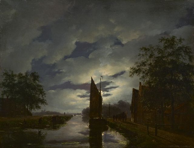 Schelfhout A.  | Maanverlicht landschap met roeiboot en afgemeerde zeilschepen, olieverf op paneel 38,2 x 49,3 cm, gesigneerd r.o. en te dateren ca. 1822