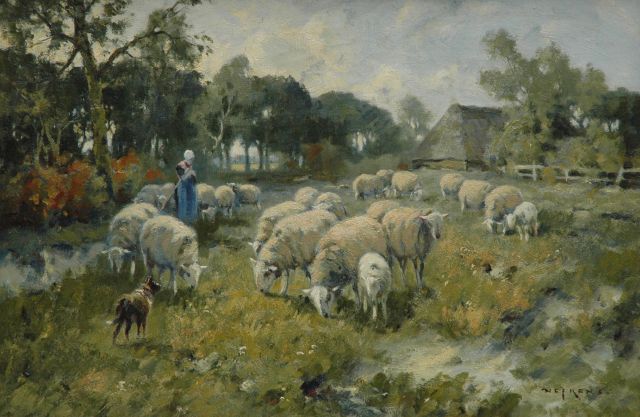 Nefkens M.J.  | Veluwse herderin met schapen, olieverf op doek 40,8 x 61,5 cm, gesigneerd r.o.