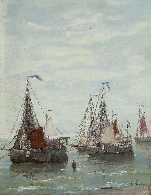 Mesdag H.W.  | Pinken voor anker bij het strand, olieverf op paneel 32,2 x 25,2 cm, gesigneerd r.o. en te dateren ca. 1885
