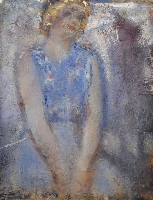 Gerard Westermann | Zittende vrouw in blauwe jurk, olieverf op board, 26,7 x 21,6 cm