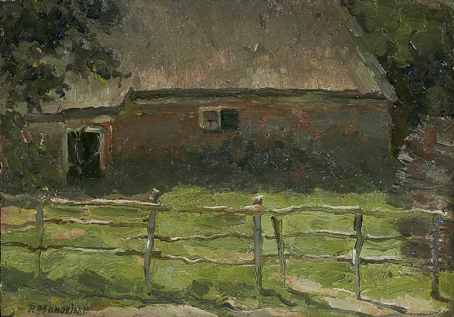 Mondriaan P.C.  | Boerderijtje achter een hek, olieverf op doek op paneel 20,5 x 29,1 cm, gesigneerd l.o. en te dateren 1897-1900 mogelijk 1904