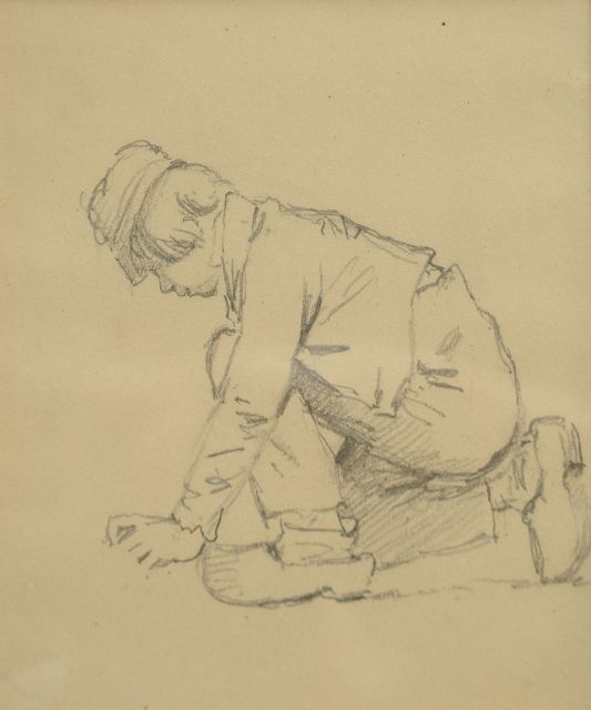 Koekkoek B.C.  | Studie van een knielende boerenjongen, krijt op papier 12,8 x 10,2 cm