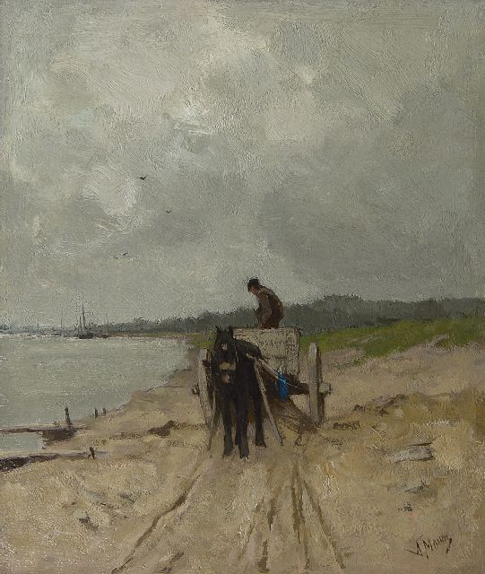 Mauve A.  | Zandrijder aan de oever van de rivier de Rijn, olieverf op doek 32,9 x 28,1 cm, gesigneerd r.o. en te dateren ca. 1875-1880