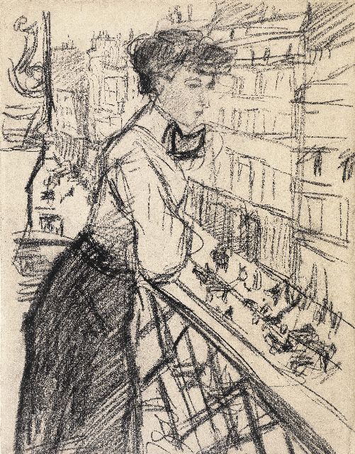 Israels I.L.  | Vrouw op een balkon, Parijs, zwart krijt op papier 30,2 x 23,6 cm