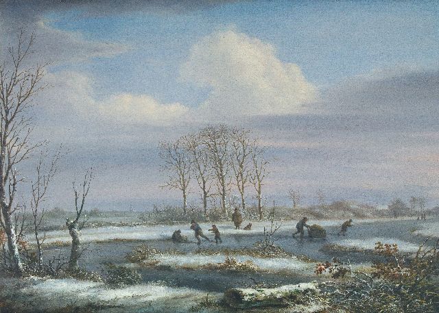 Kouwenhoven J. van | Winterlandschap met schaatsers (met zomerpendant), olieverf op paneel 31,0 x 43,6 cm, gesigneerd l.o. met initialen