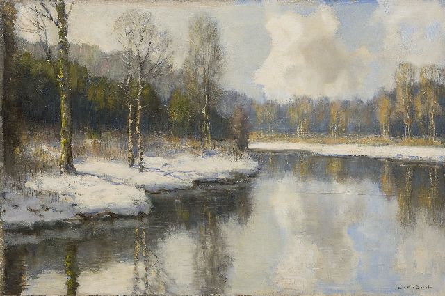 Louis van Soest | Bosvijver in de sneeuw, olieverf op doek, 40,0 x 60,0 cm, gesigneerd r.o. en zonder lijst