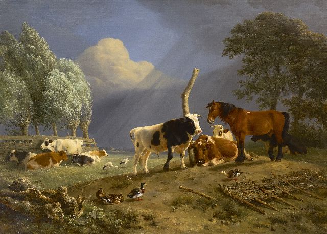 Ronner-Knip H.  | Weidelandschap met paard en rundvee bij opkomende storm, olieverf op doek 75,9 x 104,6 cm, gesigneerd r.o. en gedateerd 1842