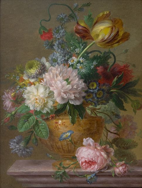 Leen W. van | Bloemstilleven met pioenrozen en tulpen, olieverf op paneel 48,8 x 36,7 cm, gesigneerd l.o.