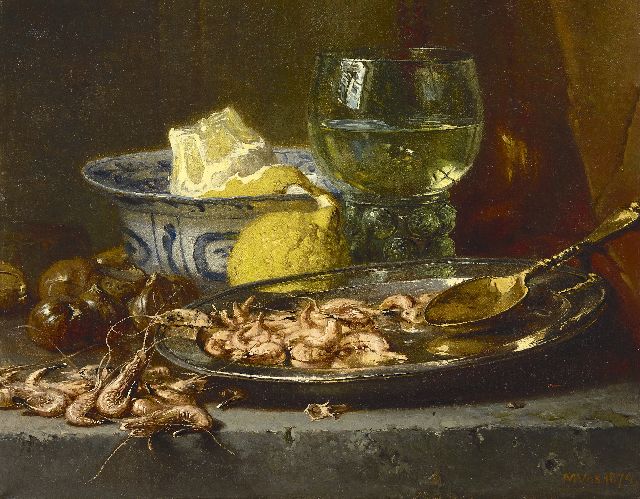 Vos M.  | Stilleven met garnalen en wijnroemer, olieverf op doek 33,5 x 42,0 cm, gesigneerd r.o. en gedateerd 1874
