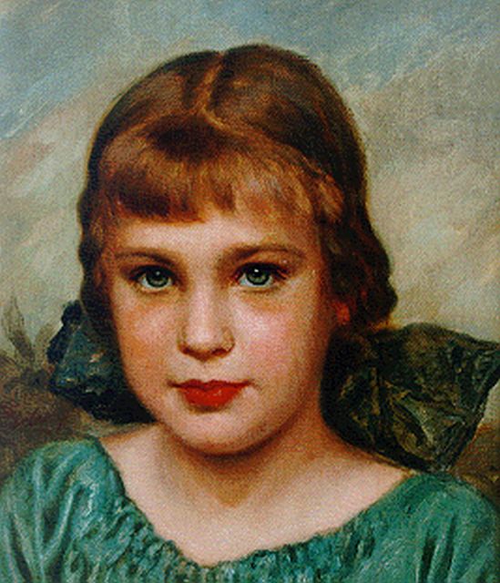 Erler F.  | Portret van een jong meisje met strik, olieverf op doek op paneel 32,0 x 28,0 cm, gesigneerd l.o.