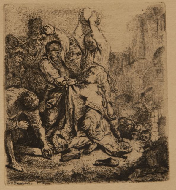 Rembrandt (Rembrandt Harmensz. van Rijn)   | Steniging van de heilige Stefanus, ets op papier 9,5 x 8,5 cm, gesigneerd l.o. in de plaat en gedateerd 1635 in de plaat
