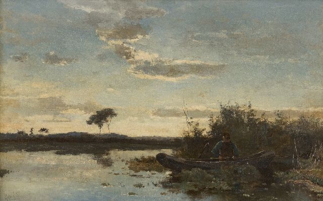 Gabriel P.J.C.  | Hengelaar in een roeiboot bij zonsondergang, olieverf op doek 29,4 x 45,9 cm, gesigneerd l.o.