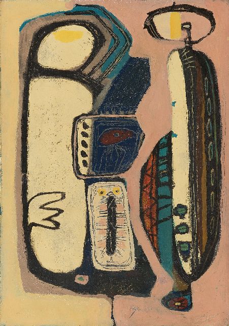 Rooskens J.A.  | Compositie, olieverf op board 49,6 x 35,2 cm, te dateren midden jaren 50
