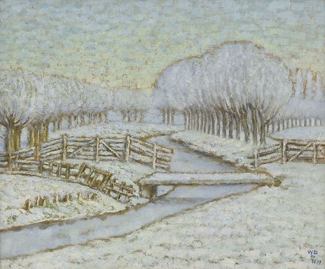 Degouve de Nuncques W.  | Bomenrij in Hollands sneeuwlandschap, olieverf op board 31,3 x 37,7 cm, gesigneerd r.o. met initialen en gedateerd '17