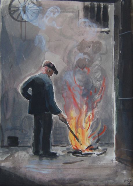 Kamerlingh Onnes H.H.  | Werkman bij een vuur, aquarel op papier 28,0 x 19,0 cm, gesigneerd r.o. met monogram en gedateerd '58