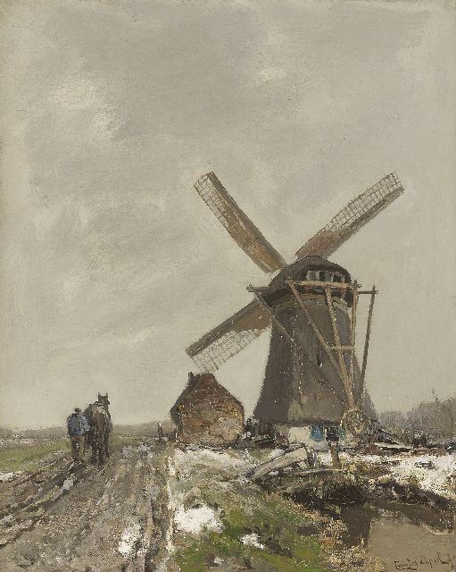 Apol L.F.H.  | Einde van de winter: boer bij de Laakmolen te Den Haag, olieverf op doek 52,3 x 42,0 cm, gesigneerd r.o.