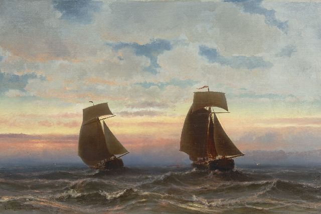 Heemskerck van Beest J.E. van | Zonsondergang op zee, olieverf op doek 79,5 x 120,4 cm, gesigneerd l.o.