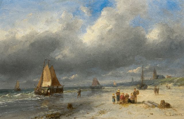 Leickert C.H.J.  | Visafslag en schepen op het strand van Scheveningen, olieverf op paneel 25,8 x 40,3 cm, gesigneerd r.o.