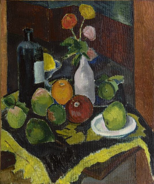 Lodewijk Schelfhout | Stilleven met fruit, bloemen en fles, olieverf op doek, 55,5 x 46,0 cm, gesigneerd r.o. en gedateerd 1908