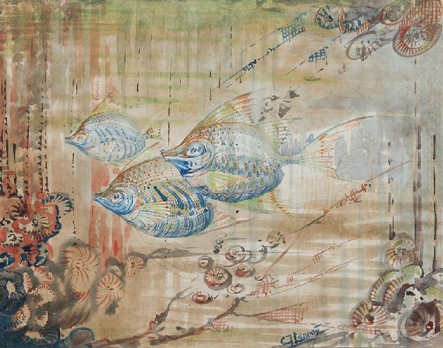 Lanooy C.J.  | Drie vissen, aquarel op papier 19,9 x 25,1 cm, gesigneerd r.v.h.m.