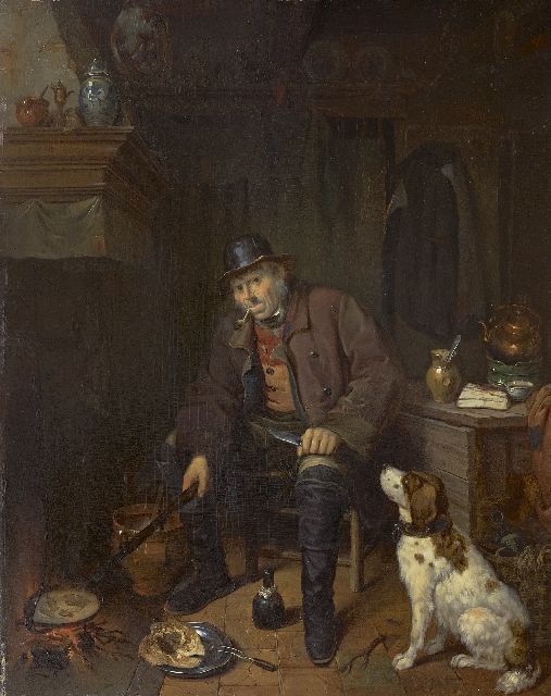 Canta J.A.  | Interieur met jager en zijn hond, olieverf op paneel 58,8 x 47,3 cm, gesigneerd r.m. op de tafelrand