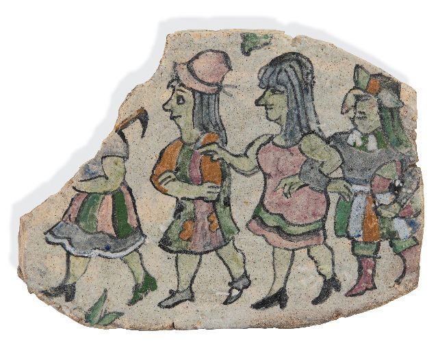 Kamerlingh Onnes H.H.  | Scherf met vier figuren: De polonaise, geglazuurd aardewerk 22,0 x 29,5 cm, gesigneerd verso met monogram en verso gedateerd '73