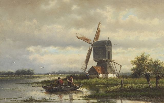 Georgius Heerebaart | Vissers bij een molen in een plassenlandschap, olieverf op paneel, 26,4 x 40,8 cm, gesigneerd r.o.