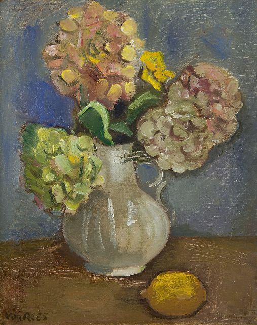 Otto van Rees | Stilleven met hortensia's en citroen, olieverf op doek, 50,5 x 40,5 cm, gesigneerd l.o.