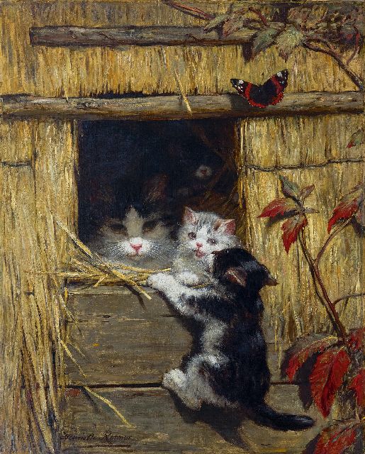Ronner-Knip H.  | Moederkat met spelende kittens, olieverf op doek 60,5 x 48,5 cm, gesigneerd l.o.