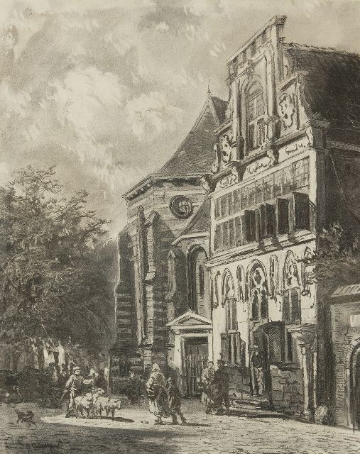 Springer C.  | Zomers gezicht op de Petruskerk en het Stedehuys te Woerden, houtskool op papier 48,5 x 39,5 cm, gesigneerd l.o. en te dateren ca. 1858