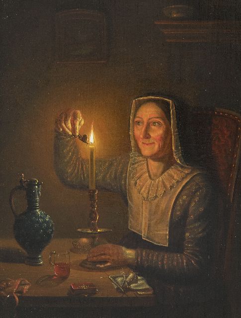 Thans W.  | Vrouw met kaars, olieverf op paneel 29,7 x 22,4 cm, gesigneerd m.o. op de tafelrand en gedateerd 1850