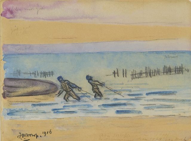 Toorop J.Th.  | Zeeuwse garnalenvissers, zwart krijt en aquarel op papier 11,4 x 15,1 cm, gesigneerd l.o. en gedateerd 1916