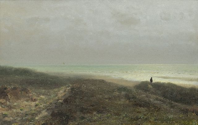 Destrée J.J.  | Duinlandschap met wandelaar uitkijkend over zee, olieverf op paneel 27,6 x 43,8 cm, gesigneerd r.o. en gedateerd 1879