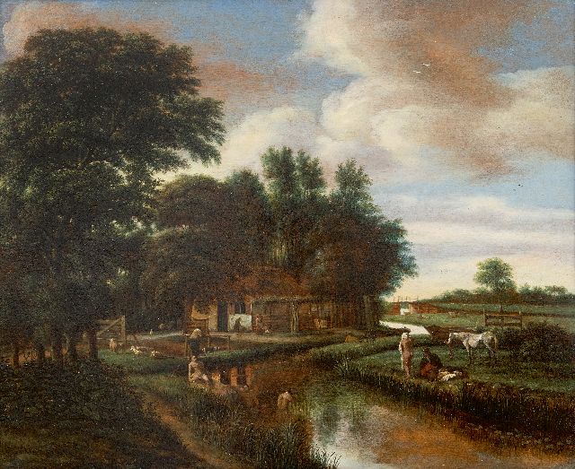Asch P.J. van | Naakte baders in een riviertje nabij een boerderij, olieverf op paneel 42,0 x 51,5 cm, gesigneerd l.o. met monogram