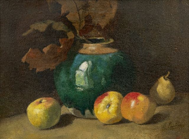 Surie J.  | Herfststilleven met gemberpot en appels, olieverf op doek 31,3 x 41,5 cm, gesigneerd r.o.