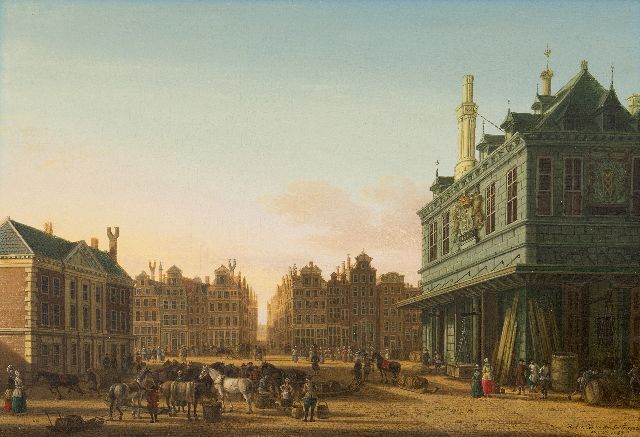 Fargue P.C. la | Gezicht op de Dam met de Oude Waag in Amsterdam, gezien naar de Beurssteeg, olieverf op paneel 31,3 x 45,8 cm, gesigneerd r.o. en gedateerd 1780