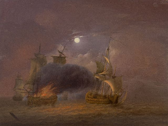Jan van Os | Zeeslag bij volle maan, olieverf op paneel, 26,6 x 35,3 cm, gesigneerd l.o. en te dateren ca. 1800