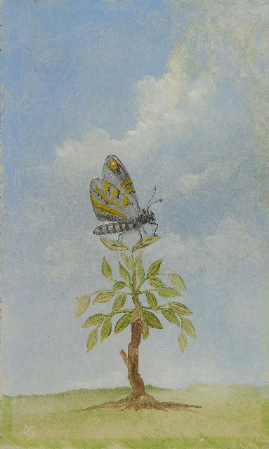 Gunneweg D.  | Vlinder, olieverf op board 15,1 x 9,0 cm, gesigneerd l.o. met initialen en verso voluit