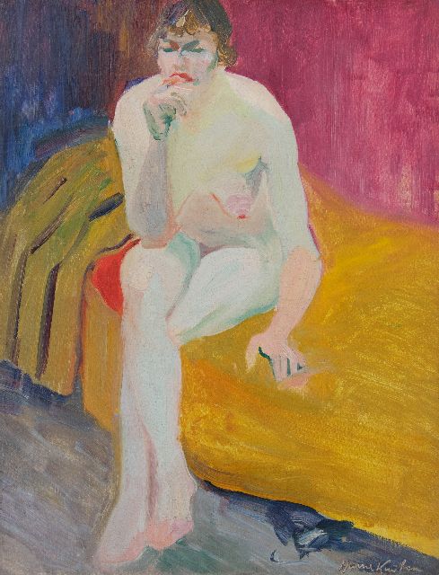 Kuijten H.J.  | Vrouwelijk naakt zittend op een bank, olieverf op doek 53,0 x 40,7 cm, gesigneerd r.o.