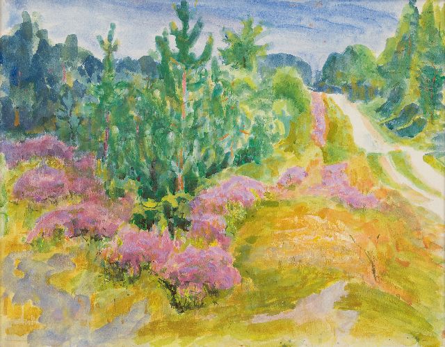 Jan Altink | Landweg door dennenbos en bloeiende heide, aquarel op papier, 54,9 x 69,8 cm