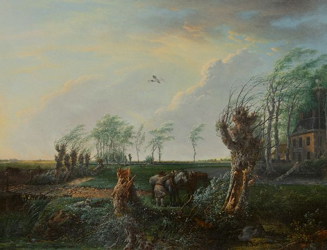 Nijmegen G. van | Boer met werkpaarden op een landgoed bij storm, olieverf op paneel 68,8 x 89,7 cm