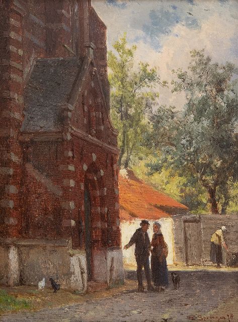 Springer C.  | Stadsgezicht met het portaal van de Kleine Kerk te Edam, olieverf op paneel 16,2 x 12,0 cm, gesigneerd r.o. en gedateerd '78