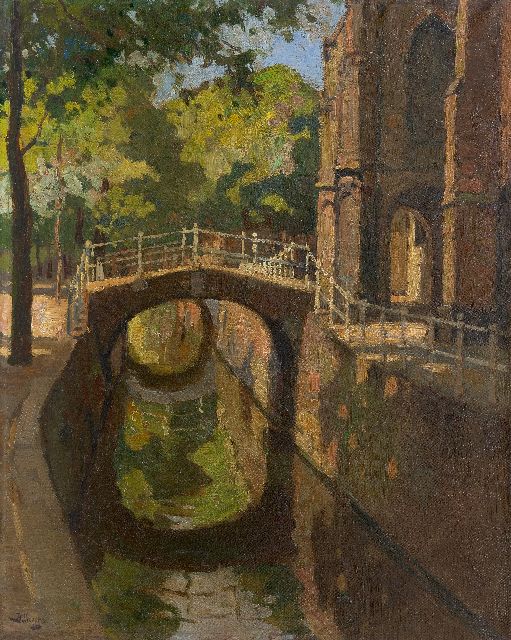 Viegers B.P.  | Zomers gezicht op de Bartholomeusbrug  in Delft, olieverf op doek 50,2 x 40,3 cm, gesigneerd l.o.