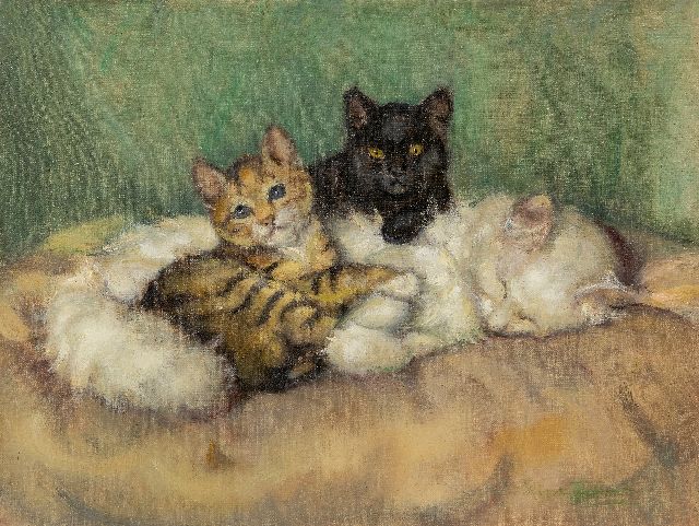 Tijdeman E.M.  | Moederpoes met twee kittens, olieverf op doek 30,5 x 40,5 cm, gesigneerd r.o.