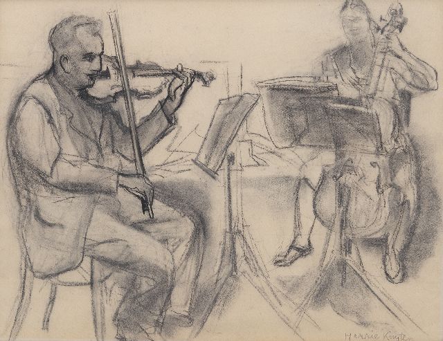 Kuijten H.J.  | Spelende violist en cellist, zwart krijt op papier 37,1 x 47,8 cm, gesigneerd r.o.